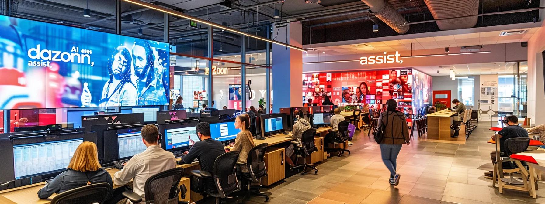 Bustling call center with agents at work, Dazonnassist branding displayed prominently on digital screens, showcasing a modern customer service environment optimized for high call volumes.