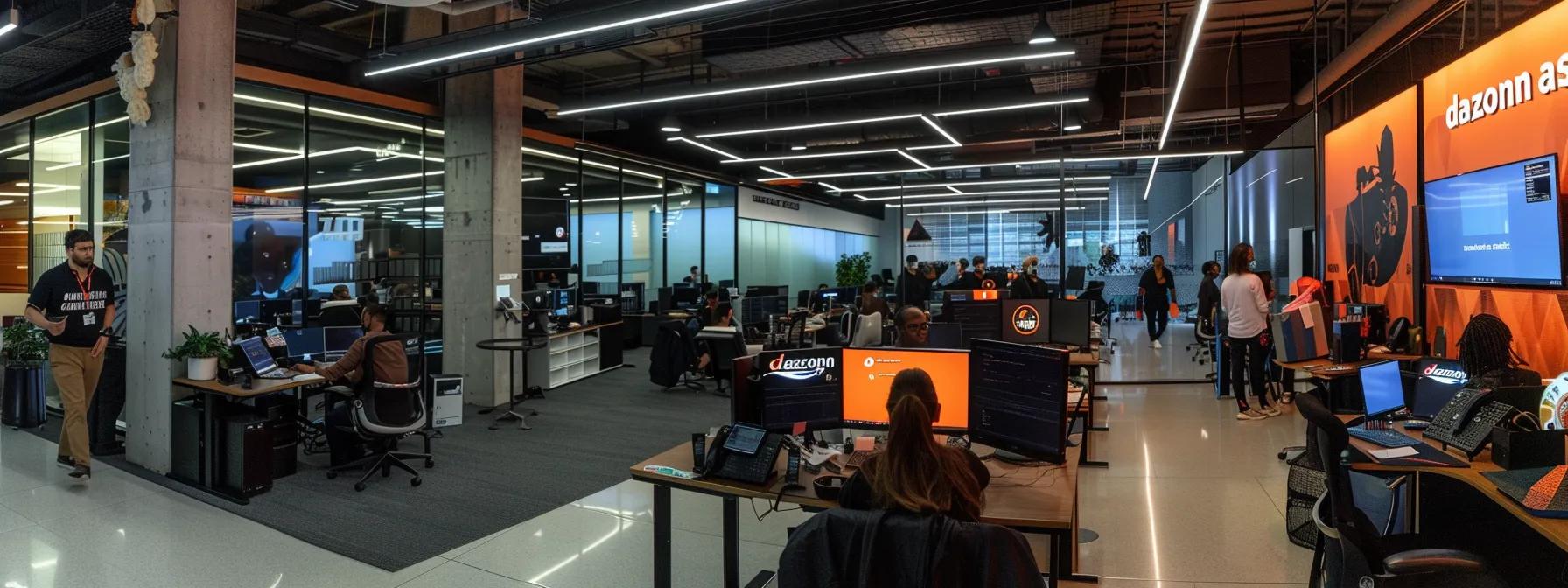 Bustling call center environment featuring Dazonnassist branding, agents at work on computers, and a collaborative atmosphere, illustrating strategies for managing high call volumes in customer support operations.