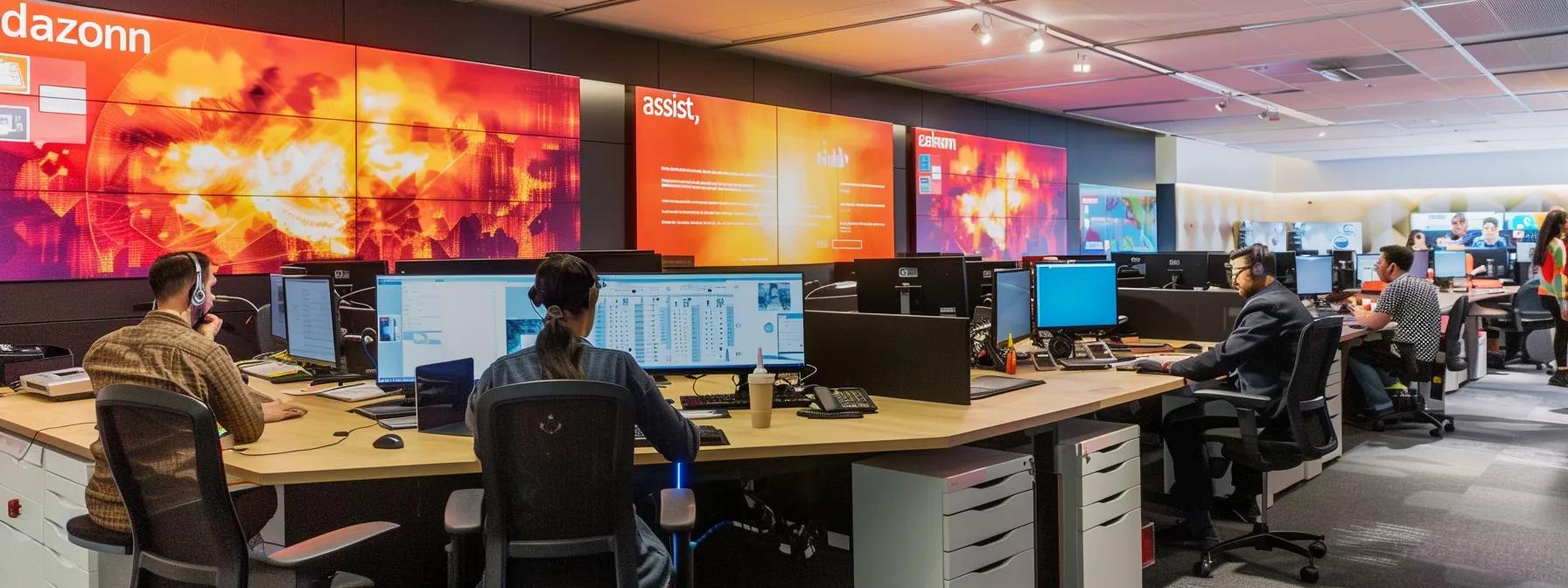 Busy call center environment with agents engaged in training, multiple computer monitors displaying data, and vibrant Dazonn Assist branding on wall graphics.