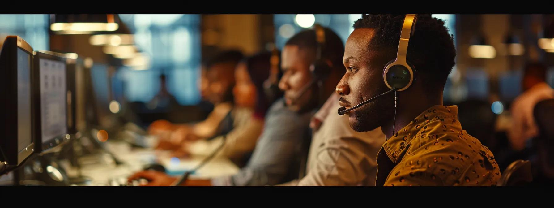 a busy call center environment showcases focused employees diligently crafting articulate responses at their desks, with the dazonn logo subtly displayed in the background to highlight the importance of english writing proficiency for seamless customer interactions.