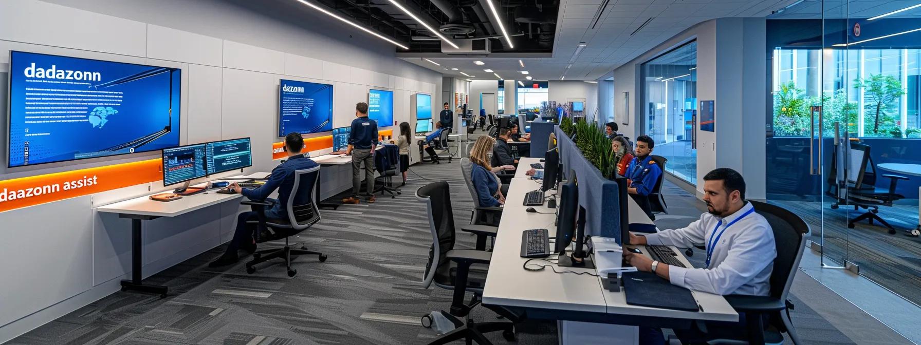 Modern call center environment with agents engaged at workstations, displaying Dazonnassist branding and collaborative training atmosphere, emphasizing performance improvement and product knowledge.