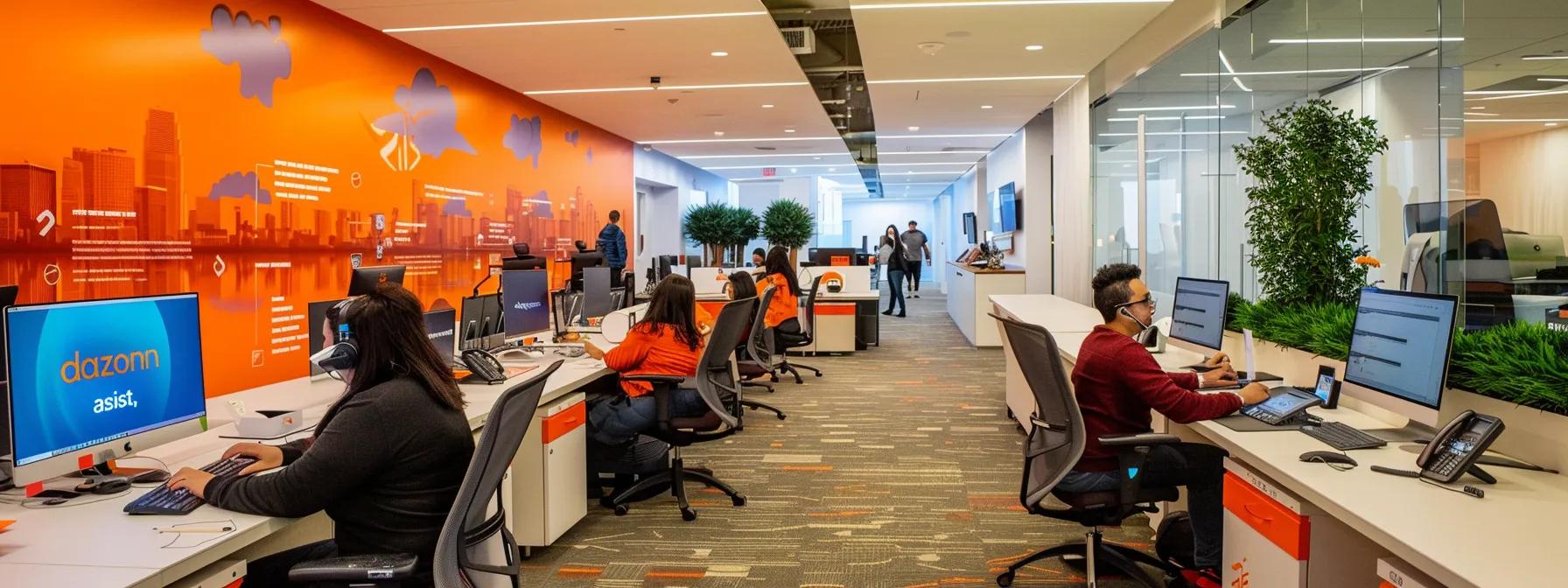 Dynamic call center environment at Dazonn Assist, agents engaged at desks with headsets, vibrant orange branding on walls, focus on teamwork and customer experience.
