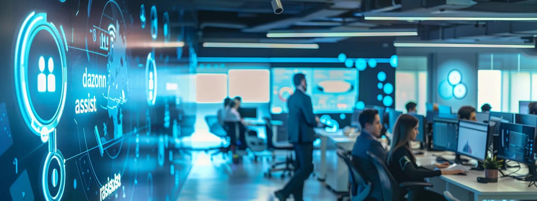 Dynamic call center environment with agents at work, featuring a digital display showcasing "dazonn assist" and data visualization elements, emphasizing advanced training and performance improvement strategies.