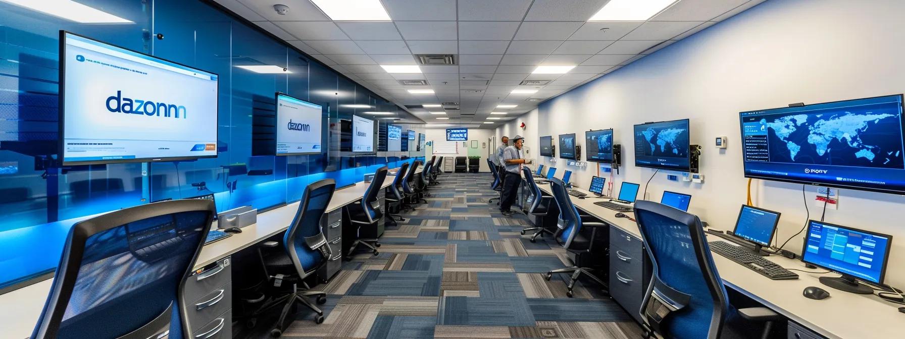 Dynamic call center environment featuring multiple workstations, monitors displaying Dazonnassist branding and global data, emphasizing technology-driven customer support solutions.