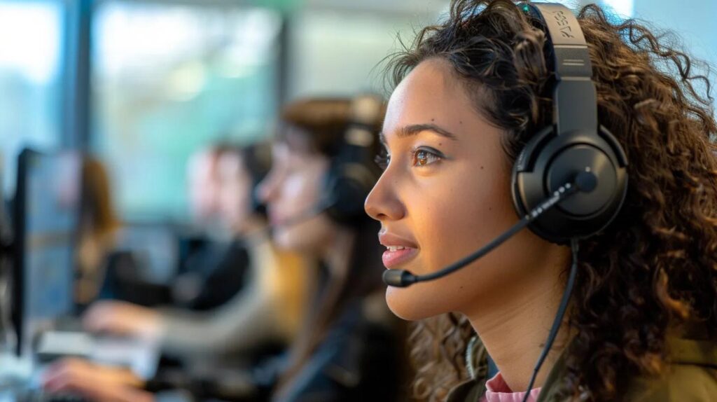 a dynamic call center environment with focused agents engaged on vibrant headsets, surrounded by screens displaying real-time retention metrics, conveying the essence of increased client engagement and satisfaction.