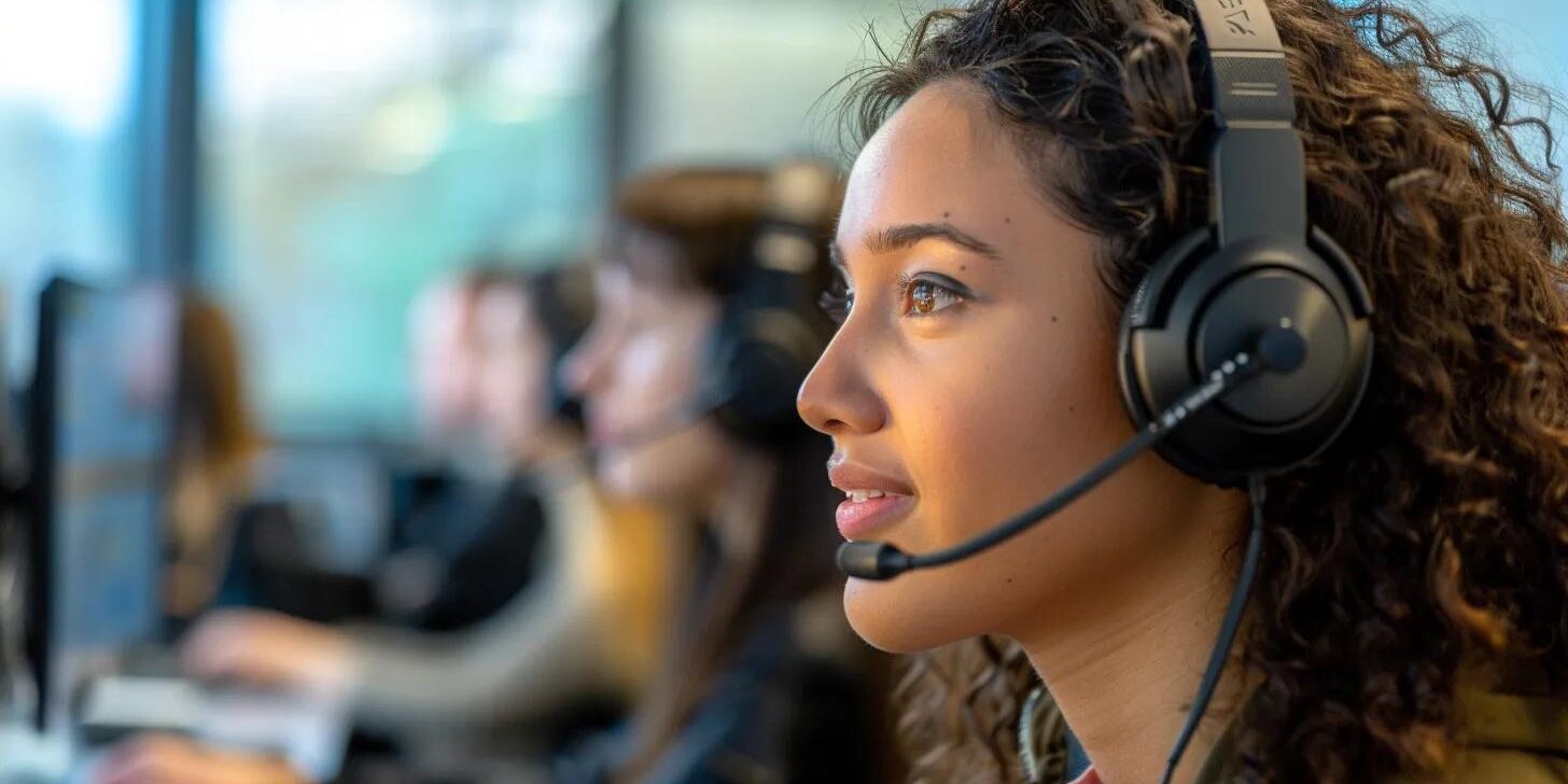 a dynamic call center environment with focused agents engaged on vibrant headsets, surrounded by screens displaying real-time retention metrics, conveying the essence of increased client engagement and satisfaction.