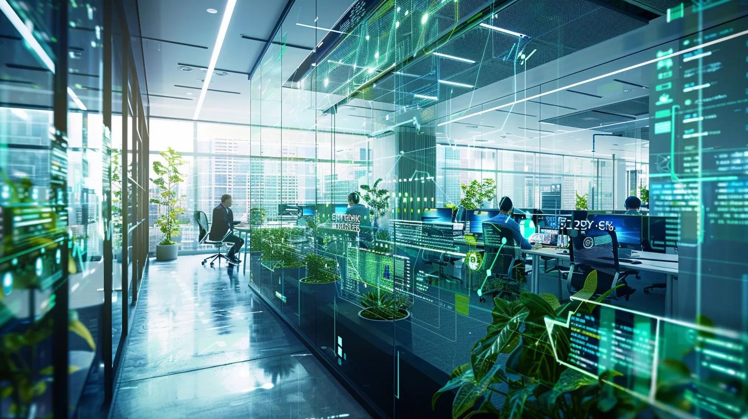 a dynamic call center environment is depicted, showcasing engaged agents using advanced technology at their desks, with digital dashboards highlighting impressive performance metrics and a visually stimulating backdrop that reflects innovation and teamwork.
