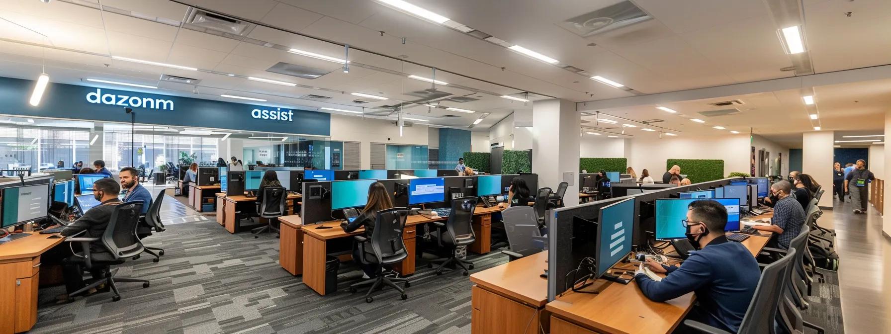 Call center environment showcasing Dazonnassist branding, with agents engaged in customer support at desks equipped with multiple computer monitors, emphasizing effective communication and training strategies.