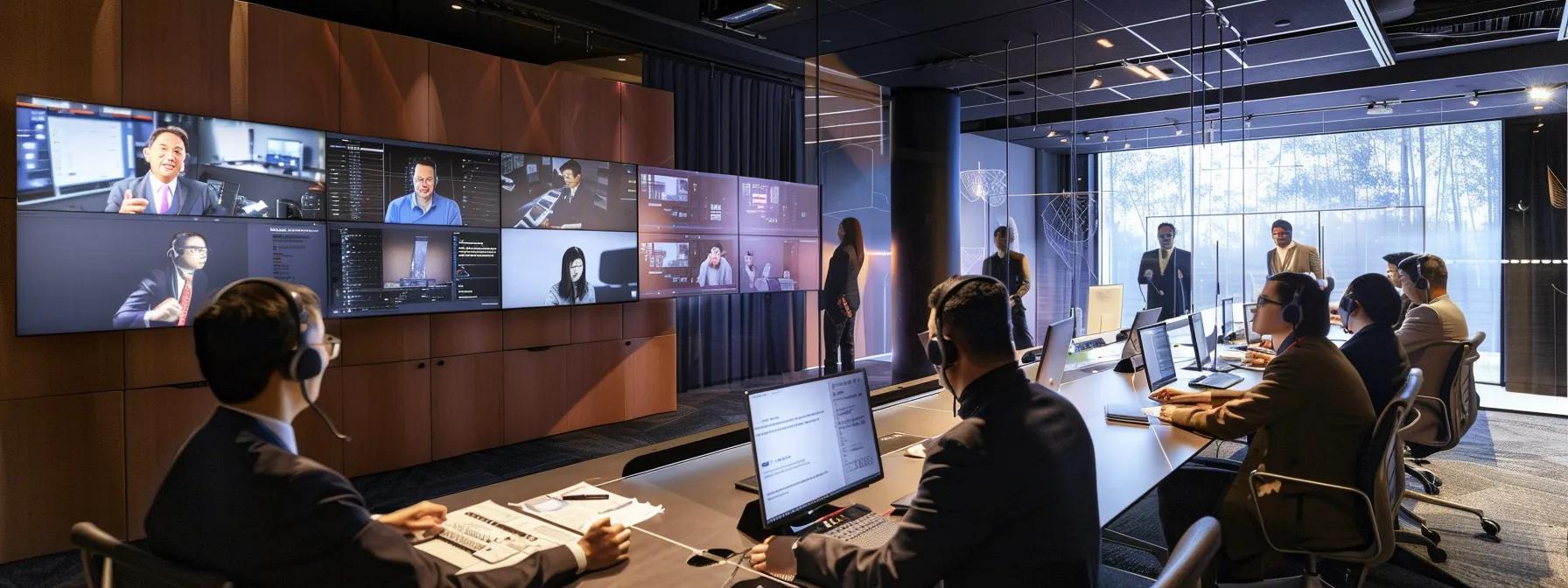 a dynamic training room scene captures new call center agents engaging in interactive role-playing exercises, surrounded by multimedia resources such as training videos and collaborative tools, all under bright, focused lighting to emphasize a productive onboarding atmosphere.