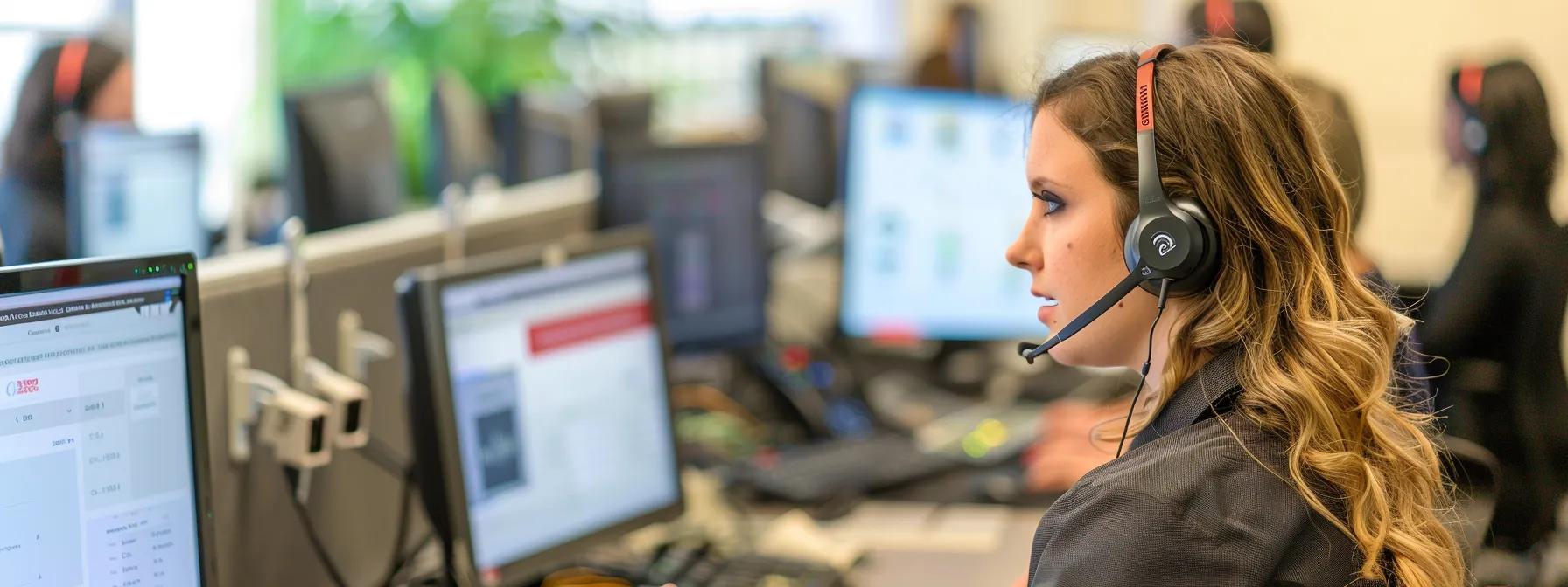 a focused call center employee, engaged in a live chat interaction, is surrounded by monitors displaying clear customer queries, with the dazonn company logo subtly positioned in the background, embodying professionalism and precision in customer service communication.