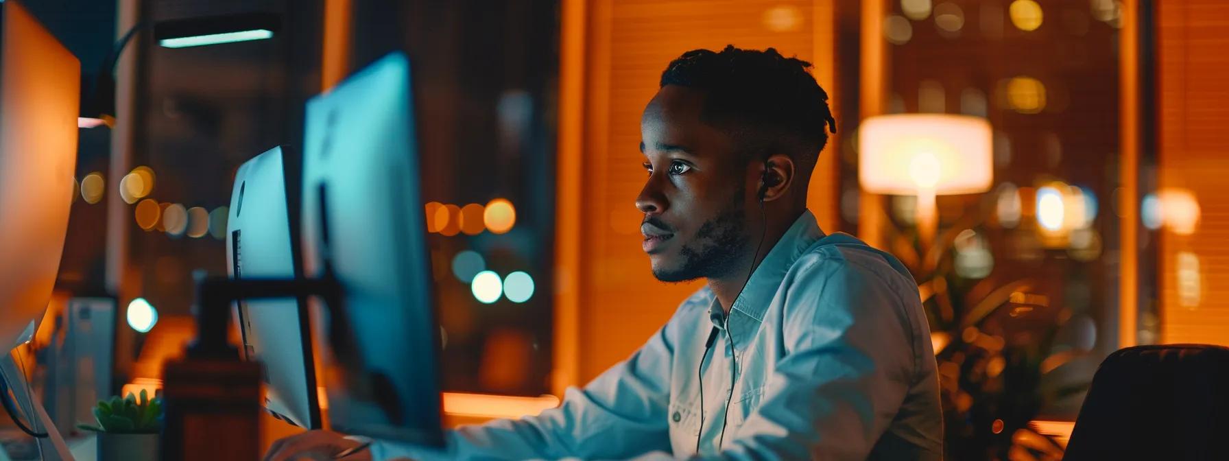 a focused call center employee engages in written communication on a sleek computer in a modern office environment, with the dazonn logo subtly visible in the background, embodying professionalism and effective customer service.