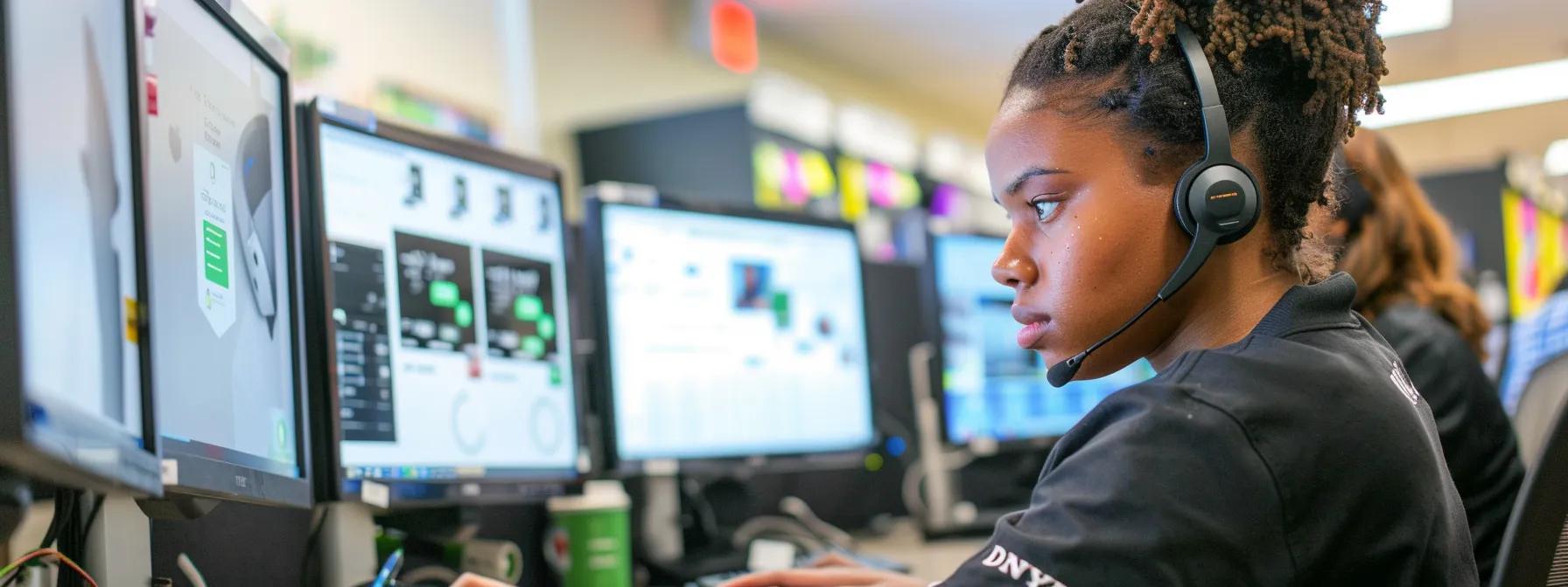 a focused call center employee is intently typing on a computer, surrounded by multiple screens displaying live chat interactions and social media updates, with the dazonn company logo subtly visible in the background, conveying a professional atmosphere of effective communication in customer service.