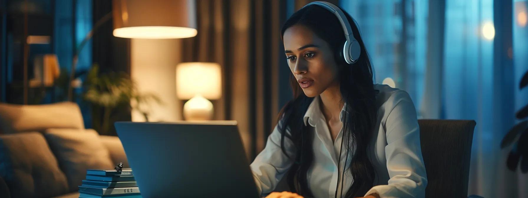 a focused call center employee, diligently typing responses on a laptop in a modern, well-lit home office, with the dazonn company logo subtly displayed in the background, exemplifying the growing demand for skilled english writers in remote customer service roles.