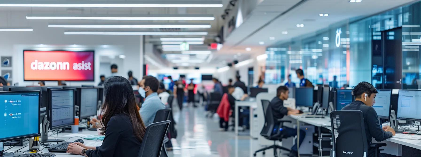 Modern call center environment with Dazonnassist branding, agents at workstations using computers, promoting customer support efficiency and self-service solutions.