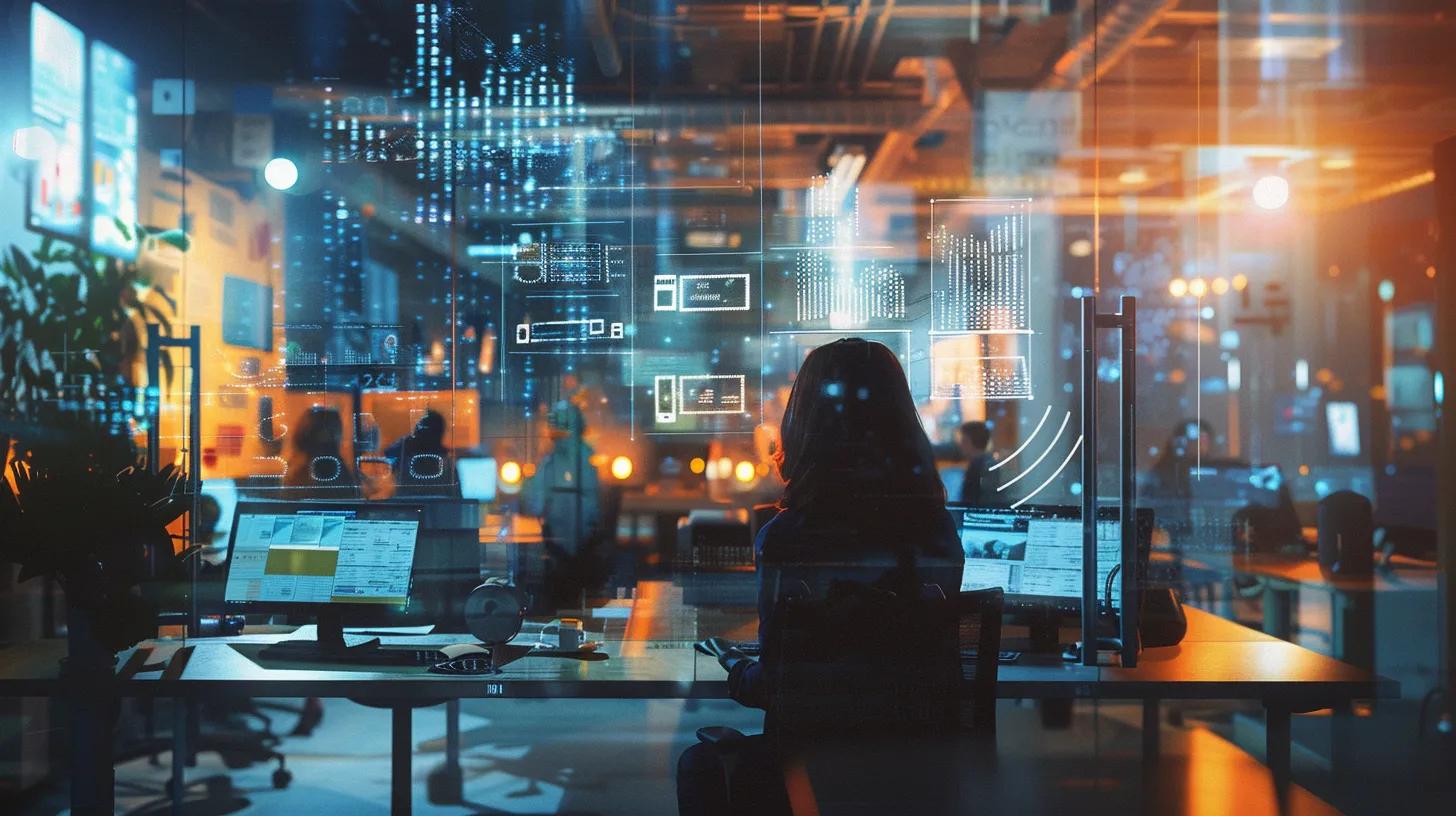 a modern call center office, buzzing with focused agents at work, surrounded by digital screens displaying client retention statistics and actionable strategies, illuminated by bright, artificial lighting that captures the dynamic atmosphere of client engagement.