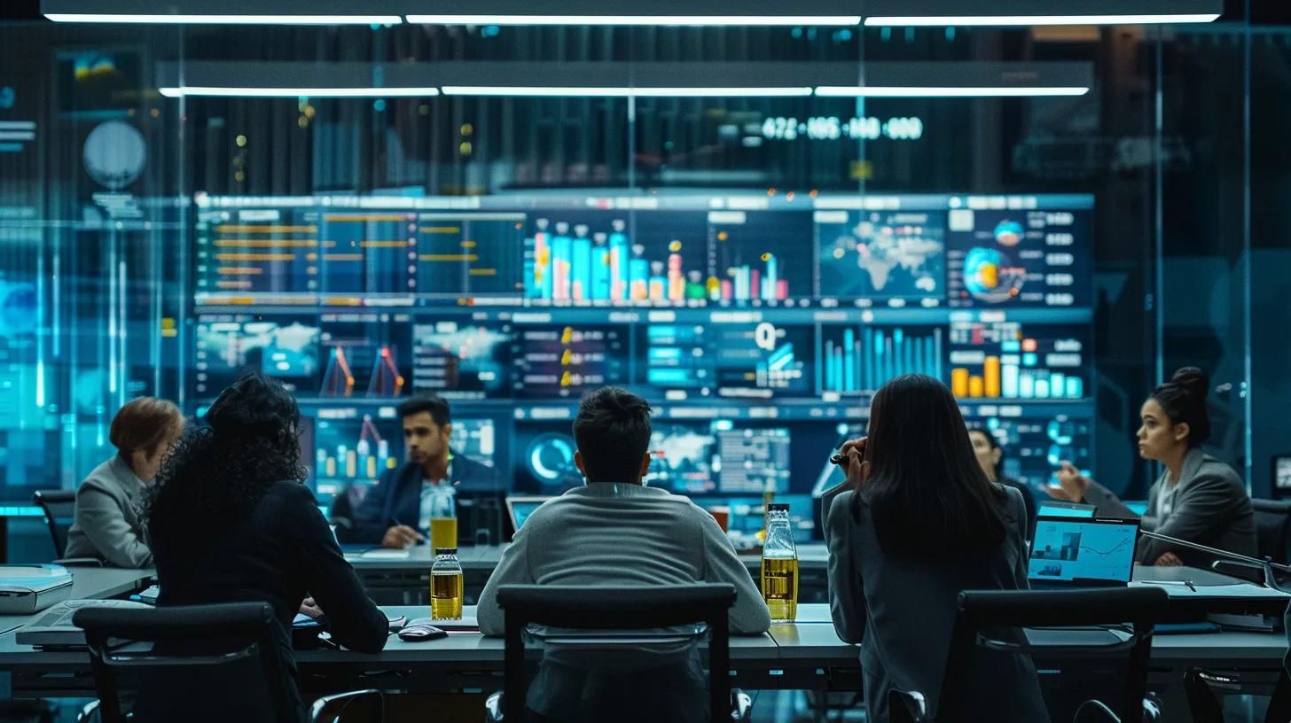 a modern office environment showcases a diverse team engaged in a dynamic strategy session, surrounded by charts and digital displays reflecting a remarkable 40% increase in client retention, emphasizing collaboration and data-driven decision-making.