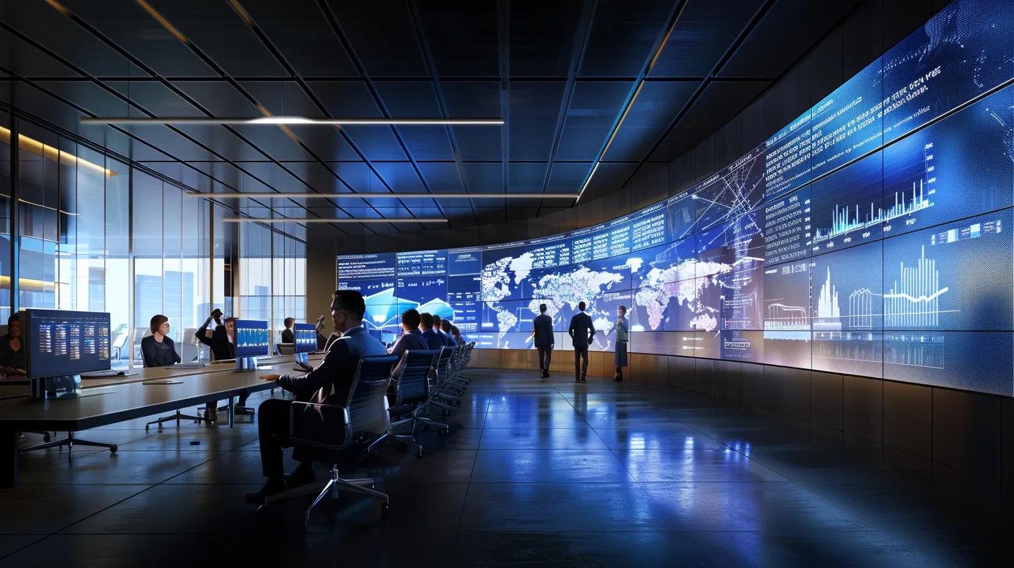 a sleek, modern office conference room filled with diverse professionals engaged in a dynamic discussion, surrounded by analytical charts and graphs displayed on digital screens, reflecting a focused effort to address client attrition challenges.