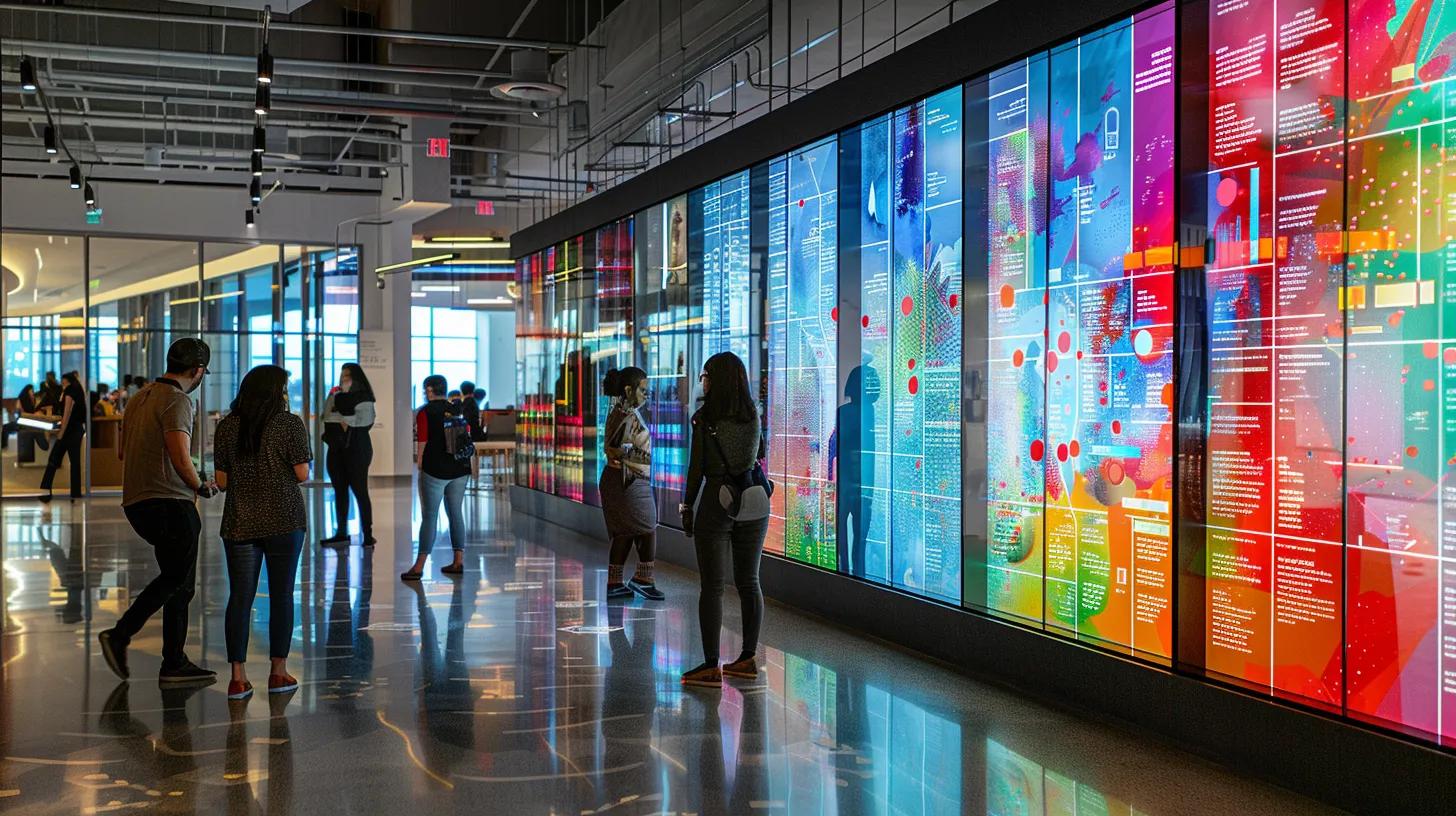 a sleek, modern office space buzzes with activity as a diverse team of professionals collaborates over digital strategies to enhance customer retention, illuminated by innovative technology and vibrant infographics displayed on large screens.