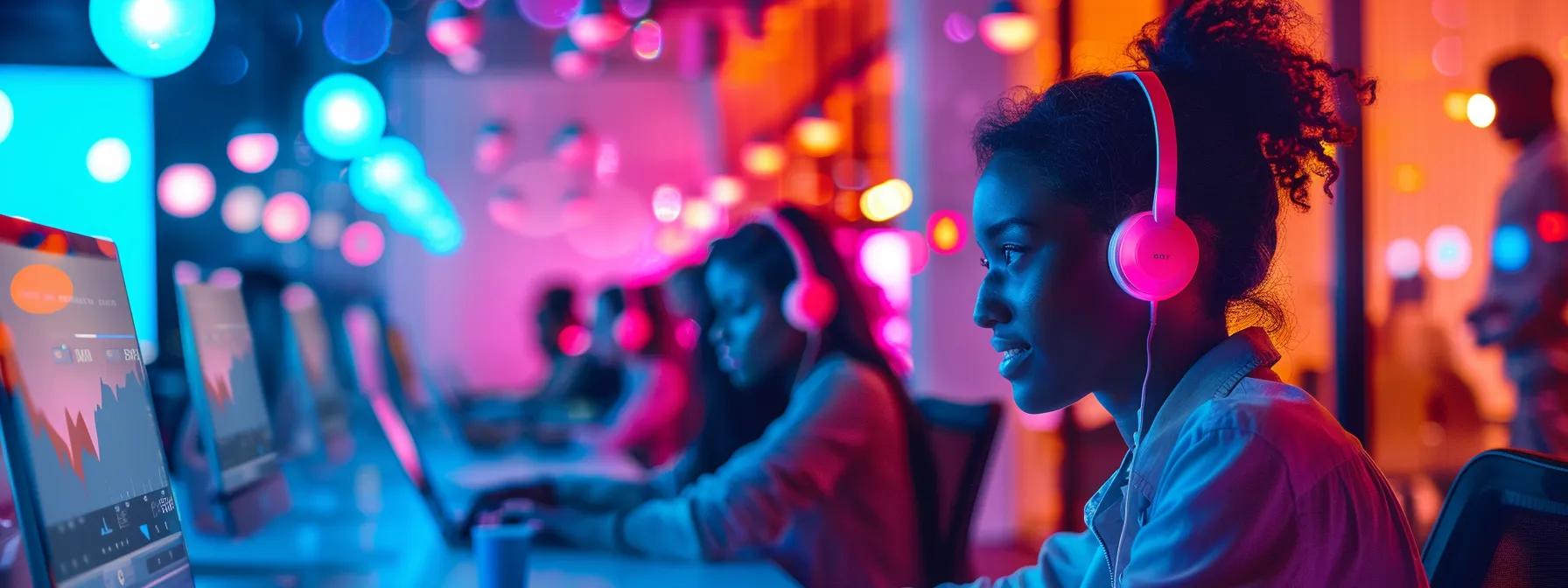Call center agents working efficiently in a vibrant, colorful environment with headphones, highlighting productivity and customer service.