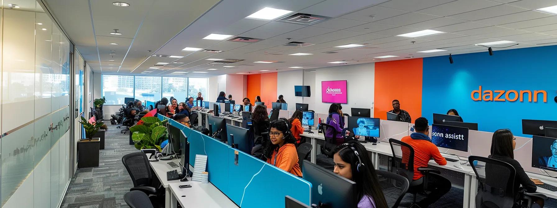 Vibrant call center environment with focused employees engaging in customer service training, featuring Dazonn Assist branding and motivational decor.