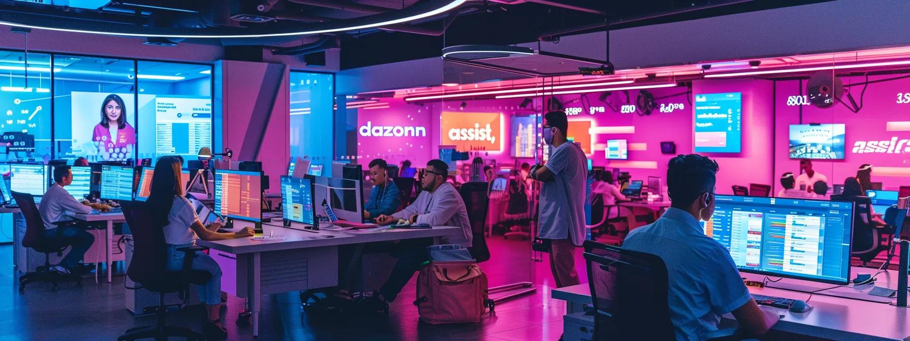Vibrant call center scene with engaged employees at desks, analyzing performance metrics on screens, featuring Dazonn Assist branding and motivational quotes, emphasizing team cohesion and cultural fit.