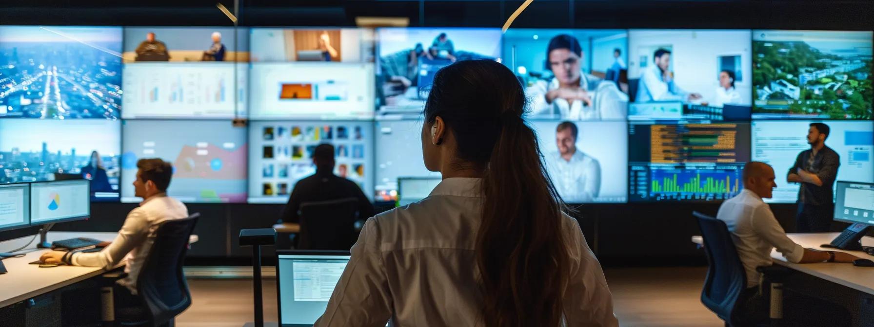 Call center agents working in a high-tech environment, with multiple screens displaying data analytics and video feeds, emphasizing efficient communication and real-time feedback for improved job satisfaction and performance.