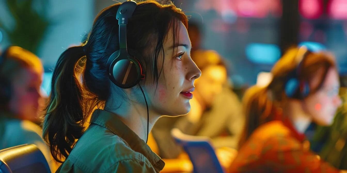 a bustling call center with focused agents engaging on headsets, surrounded by vibrant team collaboration spaces, showcasing a dynamic atmosphere that fosters employee satisfaction and encourages retention.