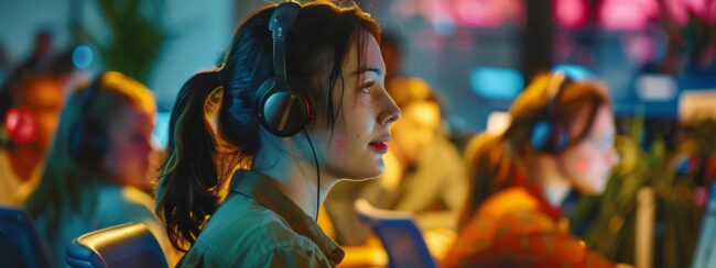 a bustling call center with focused agents engaging on headsets, surrounded by vibrant team collaboration spaces, showcasing a dynamic atmosphere that fosters employee satisfaction and encourages retention.