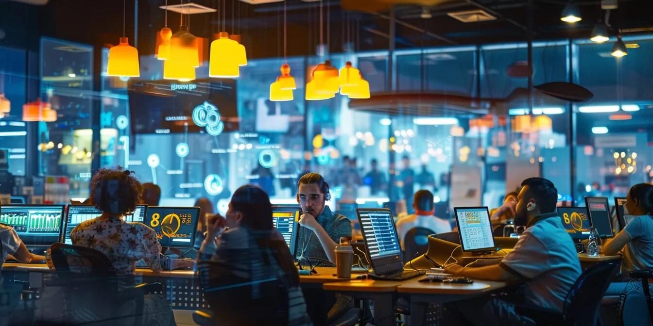 a bustling office environment showcases a diverse group of new call center agents engaged in enthusiastic training sessions, illuminated by bright overhead lights that reflect the modern technology of their workstations.