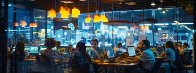 a bustling office environment showcases a diverse group of new call center agents engaged in enthusiastic training sessions, illuminated by bright overhead lights that reflect the modern technology of their workstations.