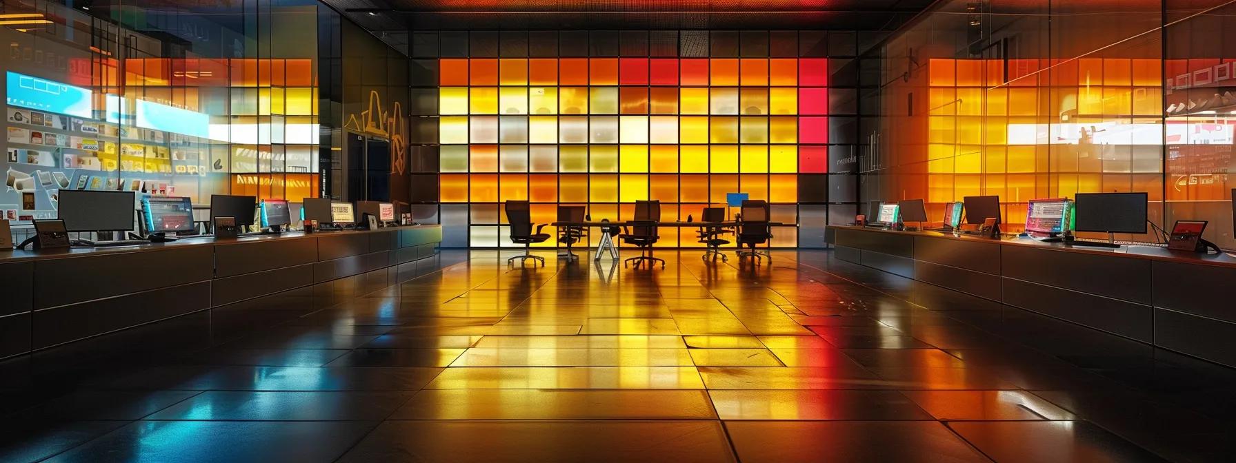 Modern call center environment with multiple computer workstations, ergonomic chairs, and a vibrant illuminated wall, reflecting a supportive workplace culture focused on agent wellbeing and productivity.