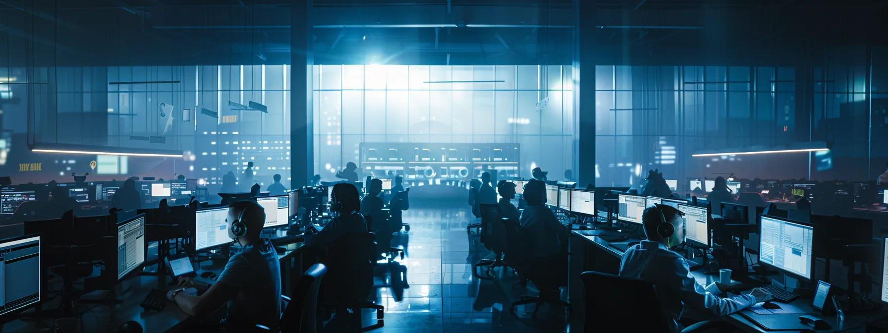 Dynamic call center environment with agents using advanced technology, emphasizing productivity and employee engagement.