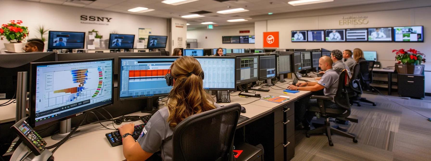 Call center agents engaging with multiple computer monitors displaying operational metrics and analytics, emphasizing efficiency and quality assurance in customer service.