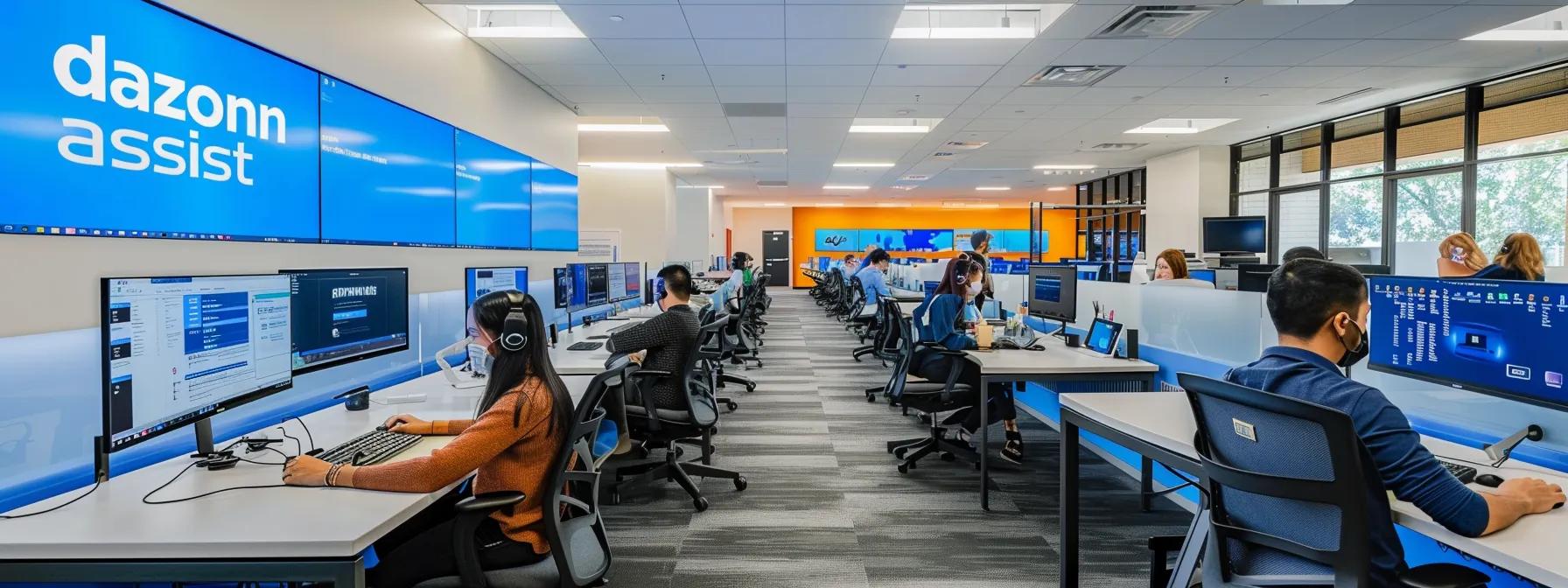 Vibrant call center environment at Dazonn Assist with engaged agents in professional attire collaborating at modern workstations, emphasizing product knowledge and customer support excellence.