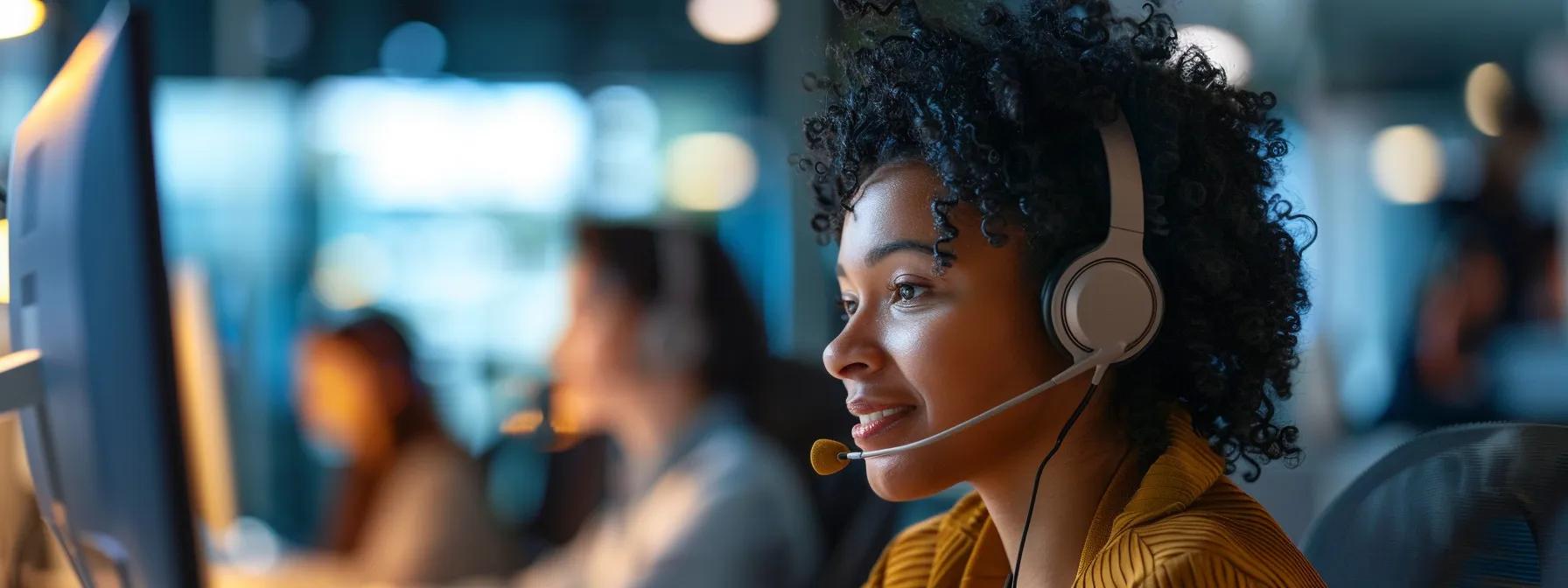 Call center agent wearing a headset, focused on computer screen, highlighting customer service and operational efficiency in a modern call center environment.