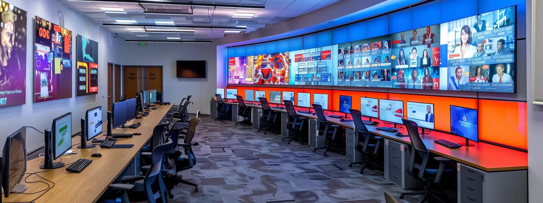 Modern call center interior with multiple workstations, large display screens showing various digital content, and a vibrant color scheme, emphasizing a tech-savvy and engaging work environment.