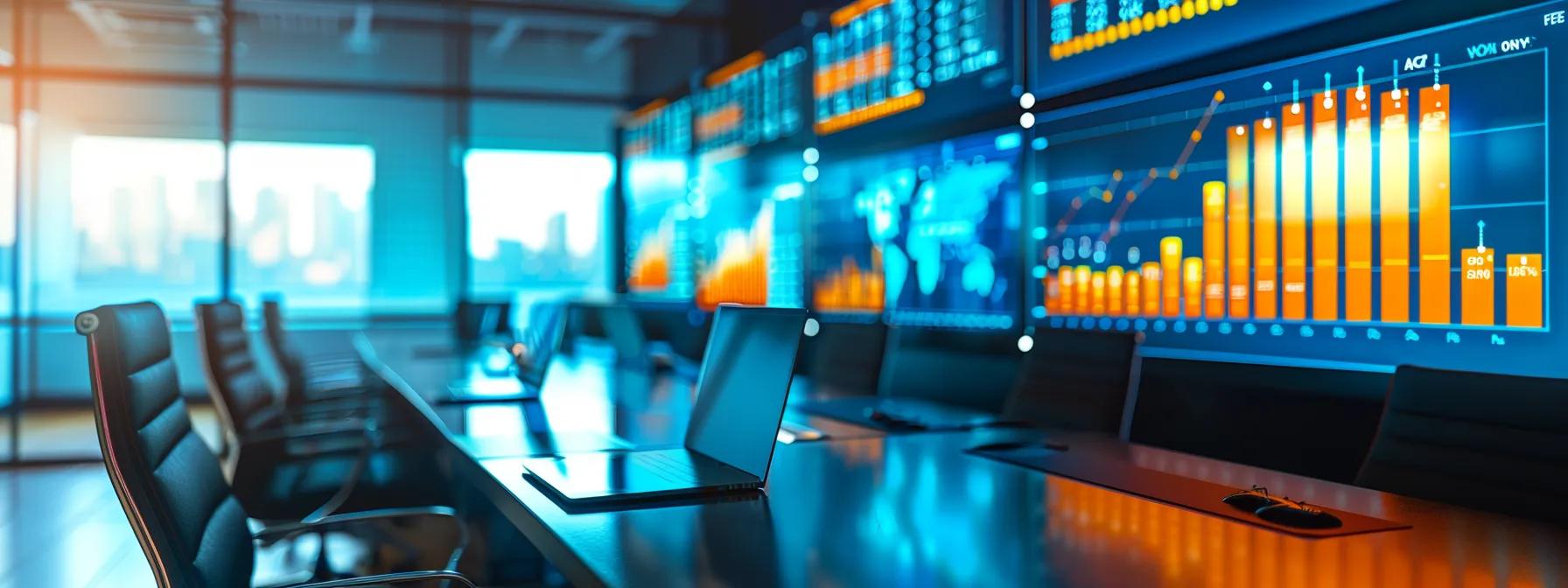 Modern office environment with laptops and digital dashboards displaying call center performance metrics, emphasizing efficiency and data-driven decision-making.