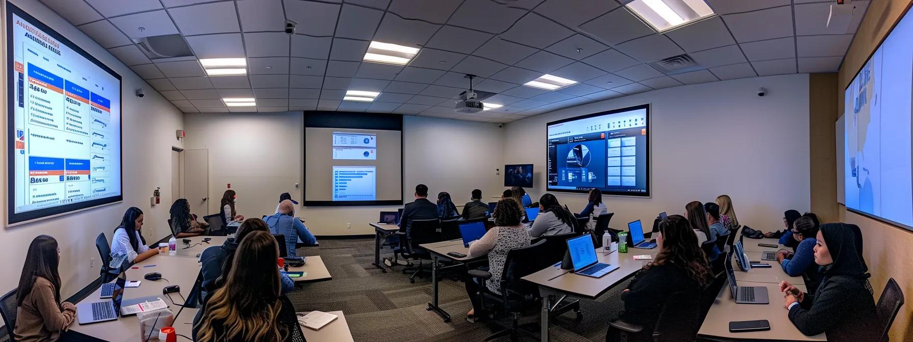 a sleek modern call center training room filled with engaged agents participating in a collaborative feedback session, surrounded by performance dashboards displaying key metrics and industry benchmarks on the walls.