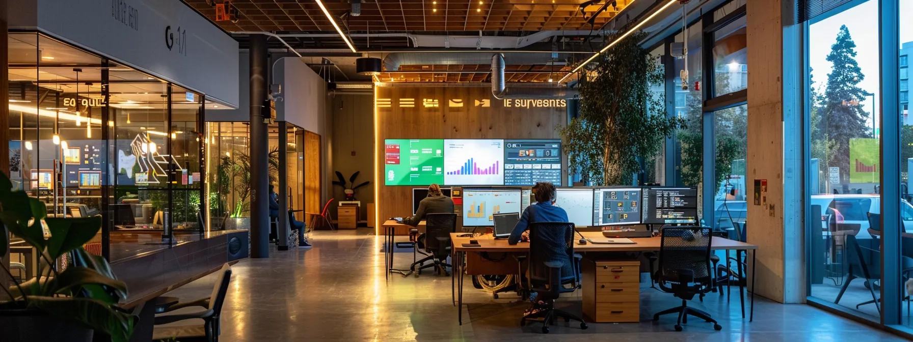 Modern call center workspace with multiple monitors displaying performance metrics, agents analyzing data, and a contemporary office environment emphasizing operational efficiency and customer service.