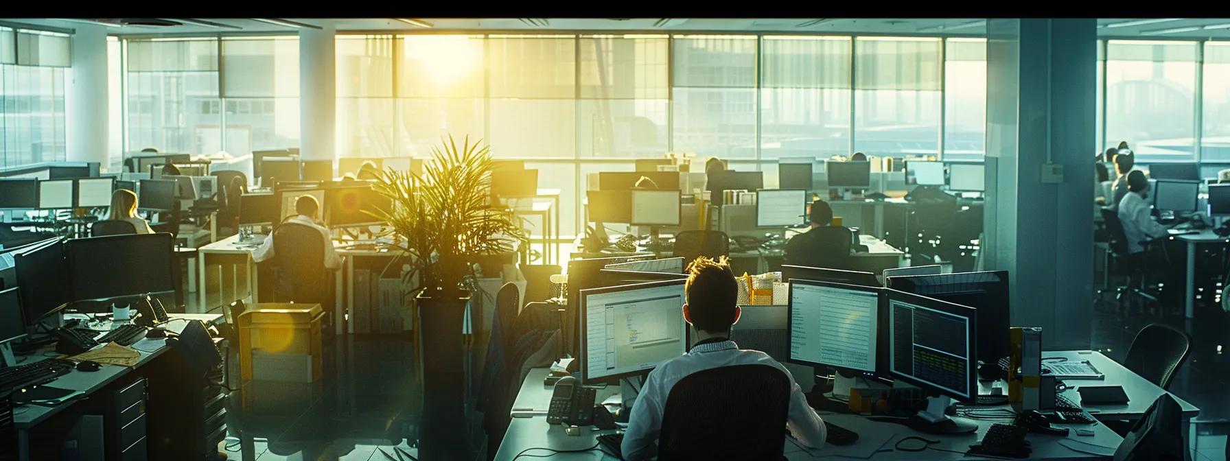 Somber office environment in a call center with employees at desks, multiple computer screens, and a plant, reflecting the challenges of agent dissatisfaction and turnover.