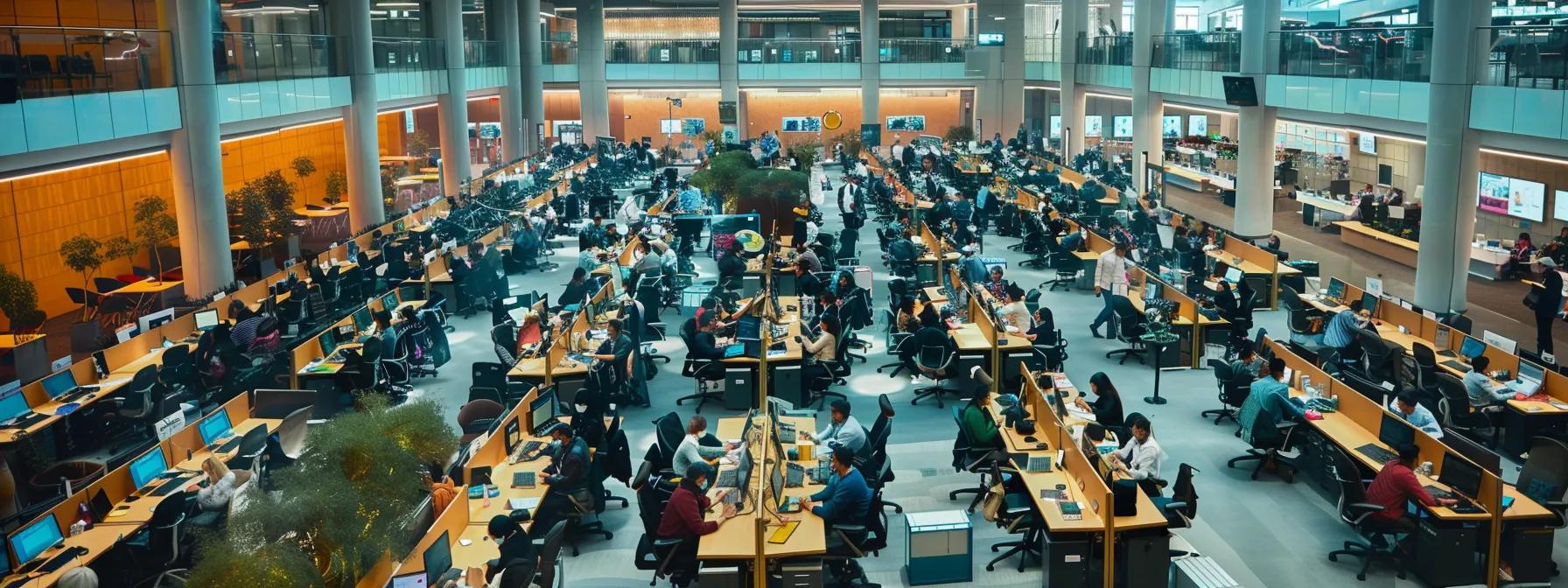 Modern call center environment with numerous agents at desks, engaged in communication and support tasks, featuring a spacious layout and greenery for enhanced wellbeing.