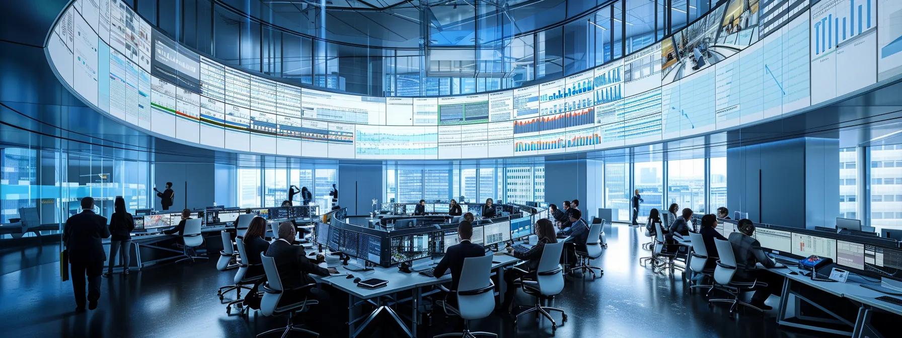 Modern call center office with agents at desks, large digital screens displaying data and analytics, emphasizing a collaborative and high-tech work environment focused on employee engagement and operational efficiency.