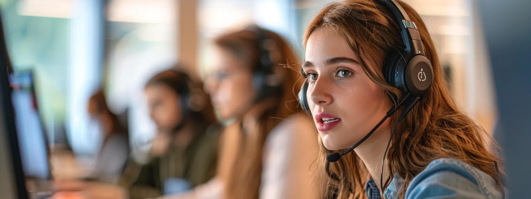 Call center agent wearing a headset, focused on customer interaction, surrounded by colleagues in a supportive work environment.