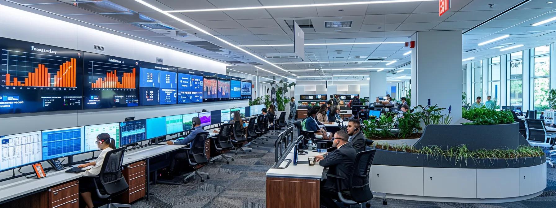Modern call center environment with agents at desks, multiple screens displaying analytics and performance metrics, greenery integrated into the workspace, emphasizing operational efficiency and customer service improvement.