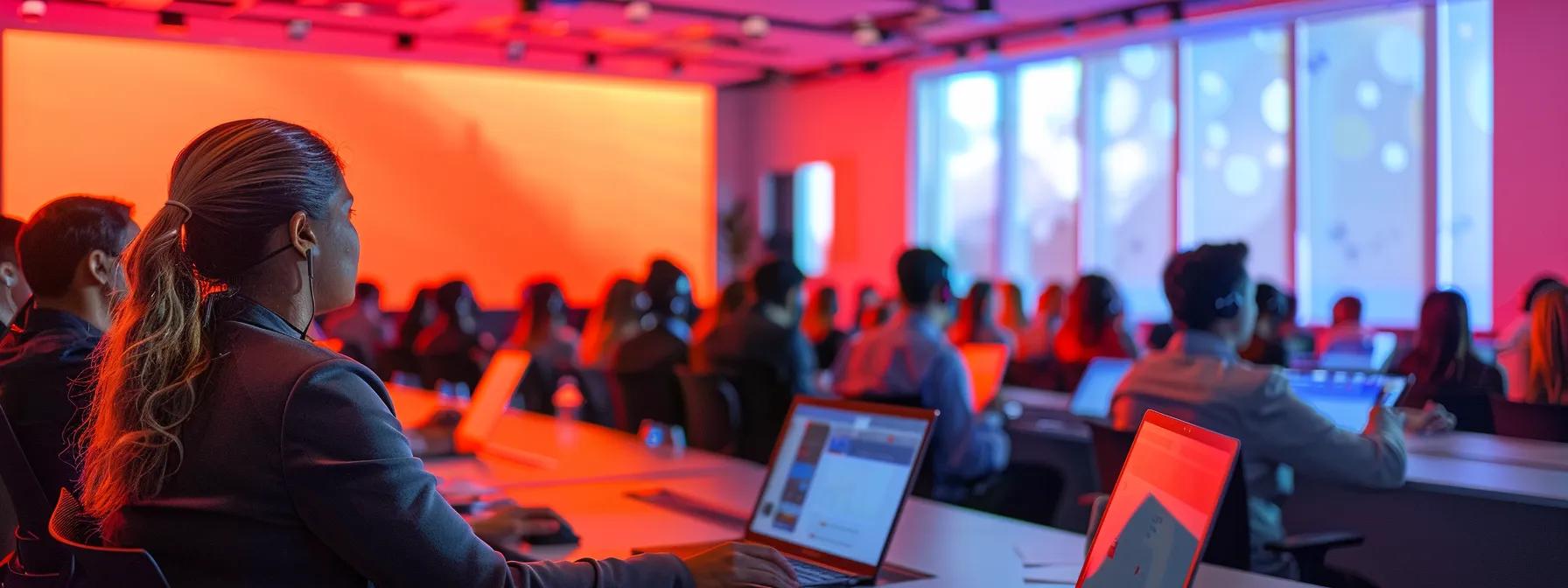 Training room with agents engaged in learning, laptops in front, vibrant lighting, emphasizing effective onboarding and skill development for improved call center performance and employee satisfaction.
