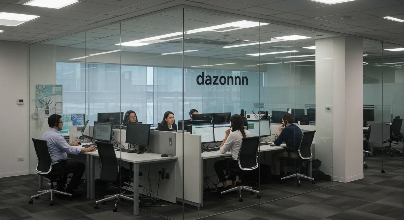 Call center agents at Dazonn Assist working efficiently at desks with multiple monitors, emphasizing customer service and technology integration to optimize hold times.