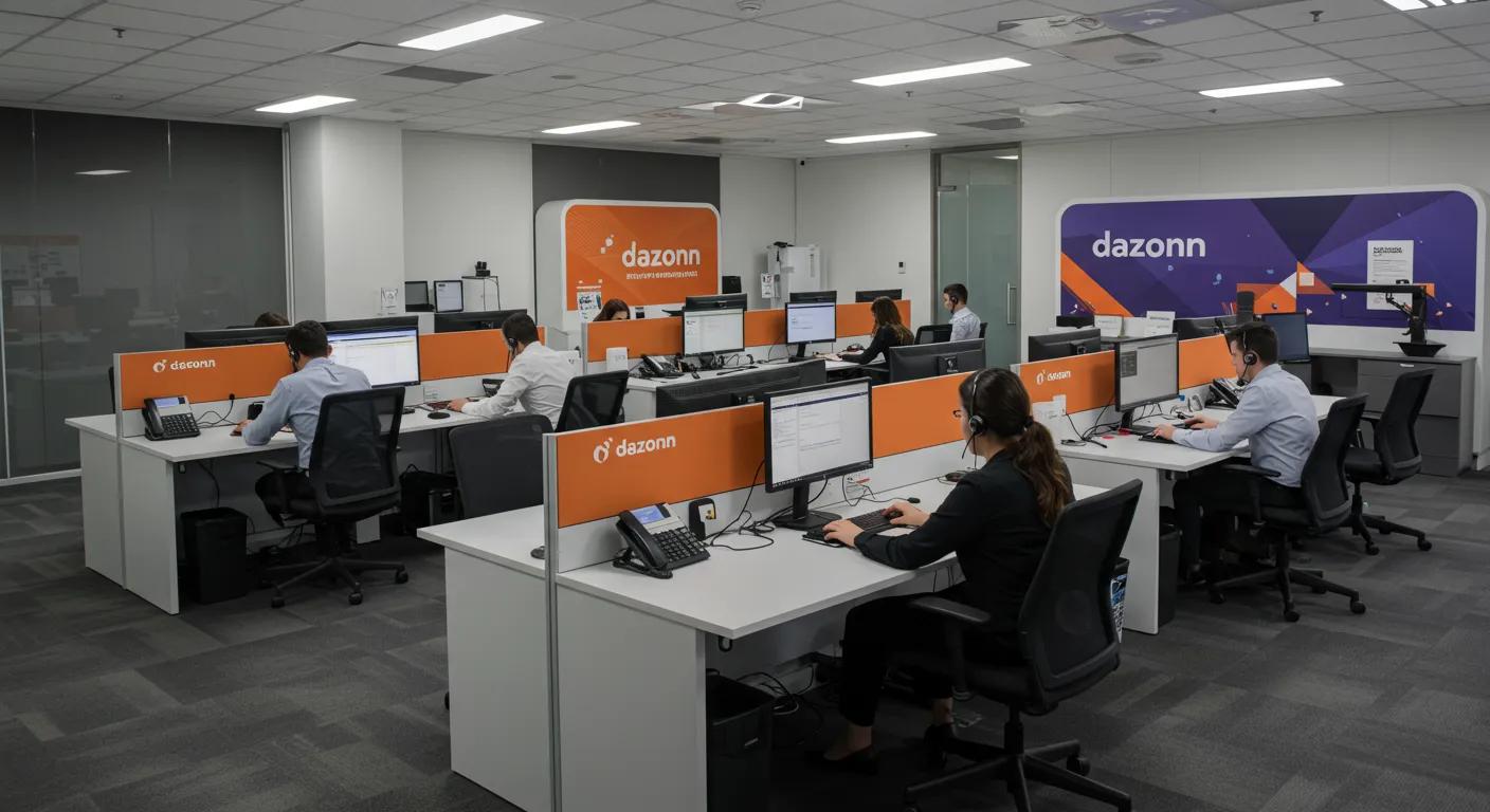 Call center agents working at Dazonn Assist, equipped with headsets, managing customer inquiries at modern workstations, emphasizing efficient call handling and workforce management.