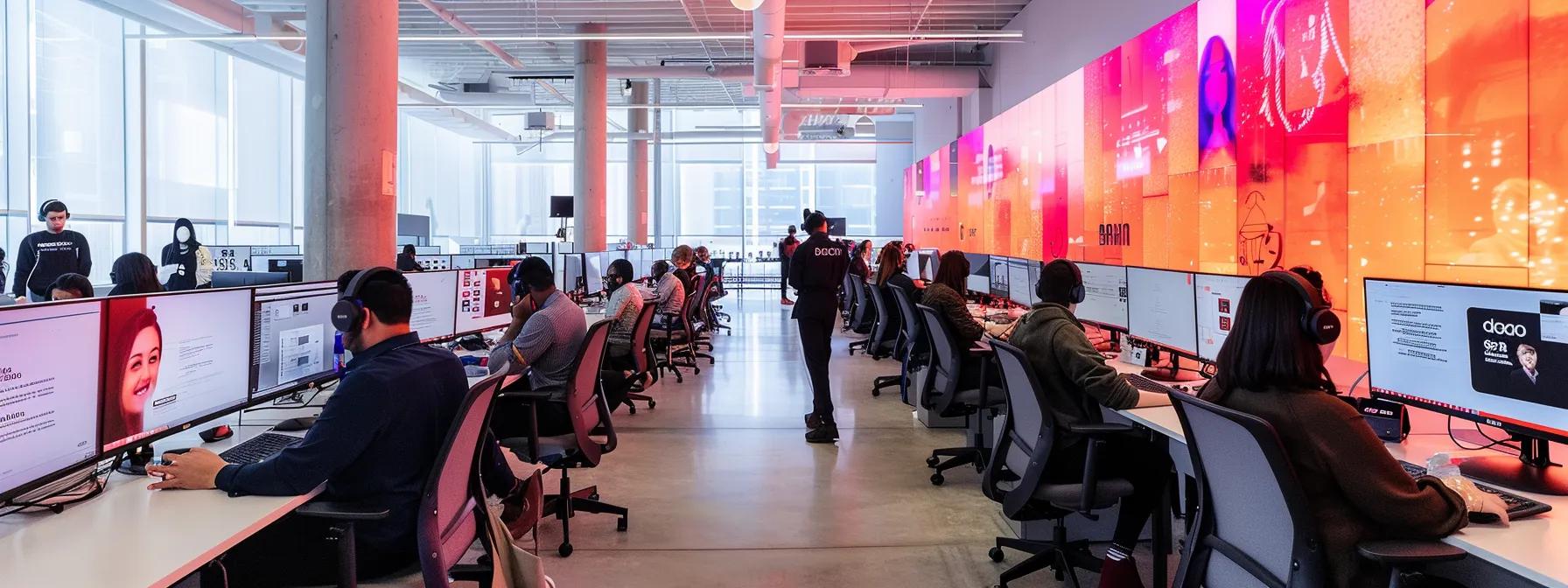 Modern call center environment with agents using headsets and computers, featuring a vibrant digital display, illustrating the integration of live chat and chatbot technologies in customer support.