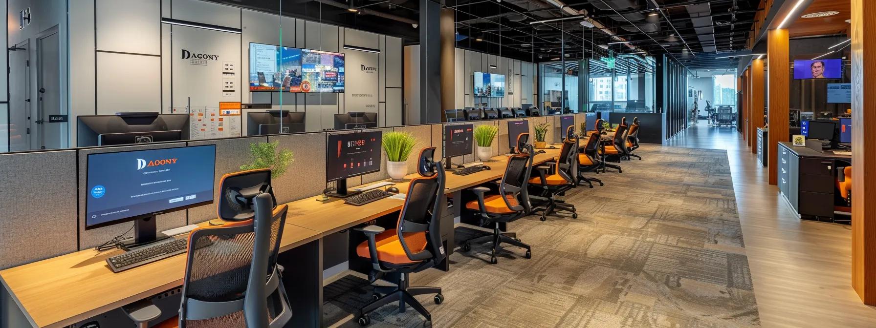 Modern call center environment featuring ergonomic workstations with computers, AI integration, and a sleek design, emphasizing efficiency and customer support.