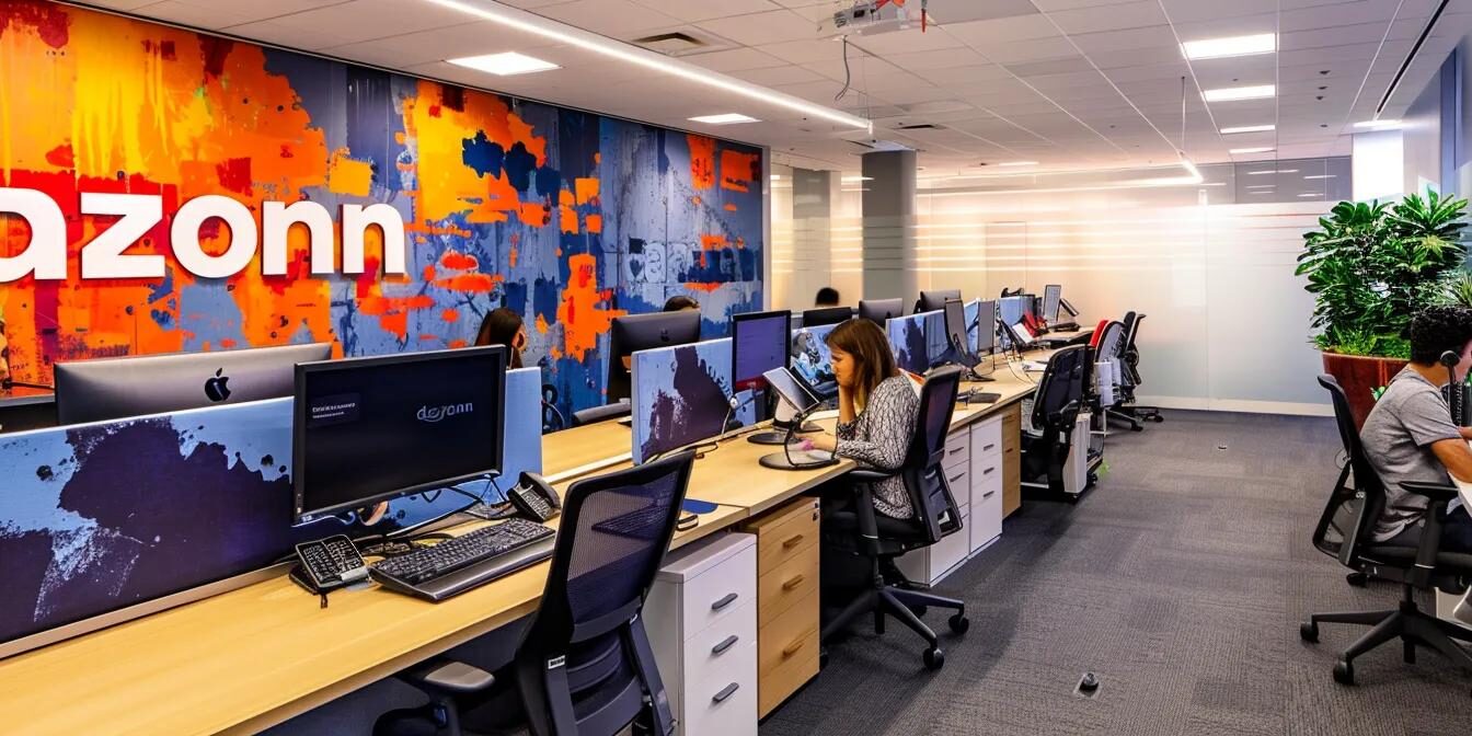 a modern call center office features sleek workstations and a bold mural of the word "dazonn" on the walls, capturing the dynamic interaction between live chat agents and advanced chatbots in a bustling business environment.